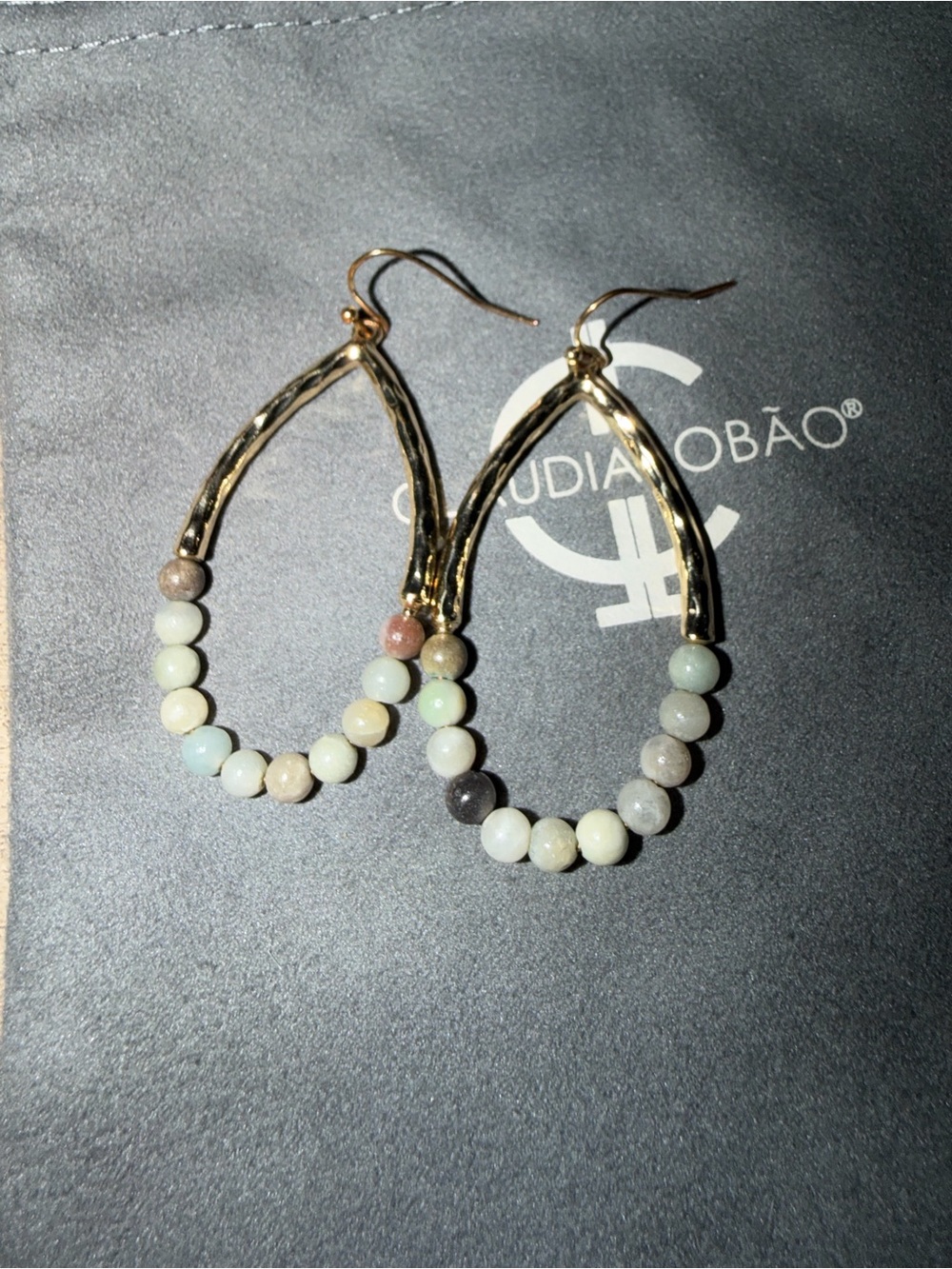 Claudia Lobao Gold Teardrop Earrings with Pastel Beads